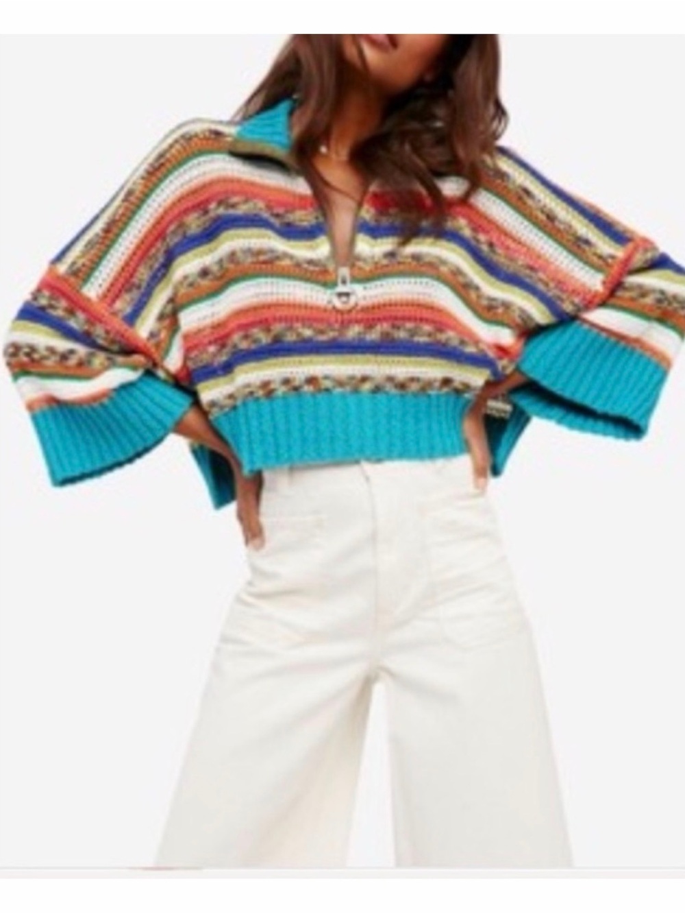 Free People Make Me Happy Cropped Multi-Stripe Sweater in Turquoise & Coral